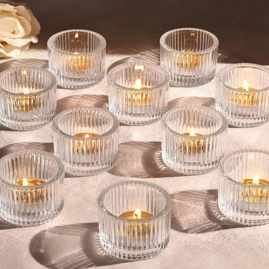 12 Striped Glass Candle Holders, Transparent Mini Candle Holders, Celebration Candle Holders, Suitable For Dining Tables, Coffee Tables, Living Rooms, Tea Lamps, Weddings, Birthday Parties, Anniversaries, Atmosphere Photography, Holiday Atmosphere Candle Holders, Graduation Ceremonies, Party Decorations, Christmas, Halloween, Thanksgiving - trong suốt - Xem 1