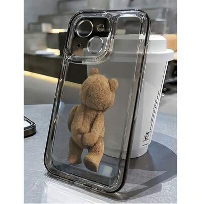 Bear Element Cute Black TPU Fashion Shockproof 1pc Cute Bear Grab Butt Design TPU Full Black Cover Phone Case Compatible With IPhone Waterproof Anti-Fall Scratch Resistant Spring Gift