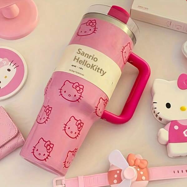 Sanrio Bottiglia d'acqua in acciaio inossidabile da 40 once Sanrio Hello Kitty, termica, leggera, da viaggio, con coperchio a tenuta stagna e cannuccia, per sport all'aperto, per il ritorno a scuola
