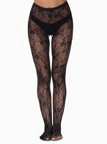 1 Pair Floral Jacquard Pantyhose (Butt-Coverage) - Black - View 2