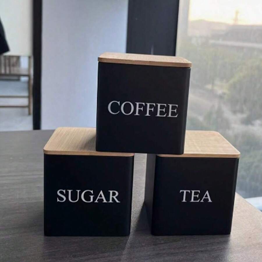 1 Set Of 3 Rectangular Bamboo Lid Tin Cans, Simple Ins European Style, Airtight Metal Container For Coffee, Candy, Tea Storage With Label, Easy Round Kitchen Canister Set - Multicolor - View 1