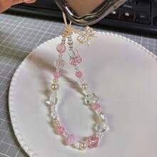 1pc Acrylic Flower & Bow Crystal Beaded Phone Lanyard/Strap, Wrist Strap, Suitable For Camera, Keys, Bags, Anti-Drop Phone Lanyard Gifts For Mother, Family, Friends, Birthday, Holiday Phone Charm, Phone Chain