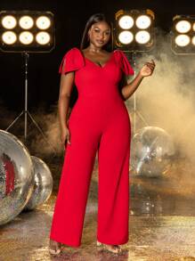 Faeriesty Plus Size Elegant Party Jumpsuit: Sleeveless Deep V-Neck With Bow Detail In Solid Color