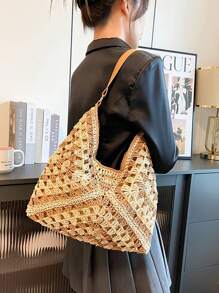 Geantă de umăr boemă din paie pentru femei, geantă tote de plajă de designer vintage, potrivită pentru vacanță, muncă, utilizare zilnică, stil de vară, perfectă pentru ieșirile ocazionale și excursiile pe plajă