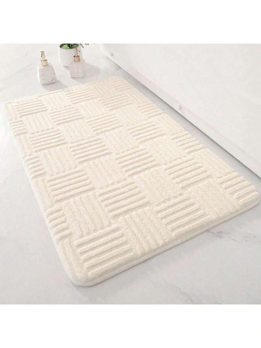 Thickened Absorbent Striped Floor Mat Solid Color Bathroom Carpet Bedroom Comfortable Velvet Non-Slip Mat Entrance Mat Home Bathroom Decor Bath Rug Outdoor Rug Door Mat Summer Back To School - White - View 1