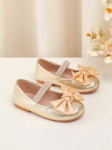 1 Pair Baby Solid Color Bow Design Shoes, Glitter Fabric With Elastic Strap, Soft Comfortable Soles, Suitable For Toddlers All Season - Gold - View 4