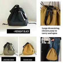 Japanese Korean Lunch Bag Cotton Canvas Large Solid Color Drawstring Portable Thermal Insulated Picnic Storage Bento Box Bag - Black - View 6