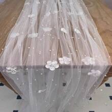 1pc Pearl White Flower Table Runner, Sheer Tulle Table Runner Decor, Mesh Fluffy Sheer Table Cloth, Suitable For Birthday Party, Valentine's Day, Ball - White - View 2