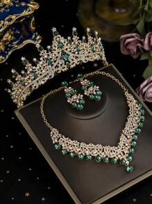 1 套金色新新娘配饰，经典绿水晶装饰新娘皇冠，奢华项链和耳环 3 件套婚纱 - 金色 - 查看 8