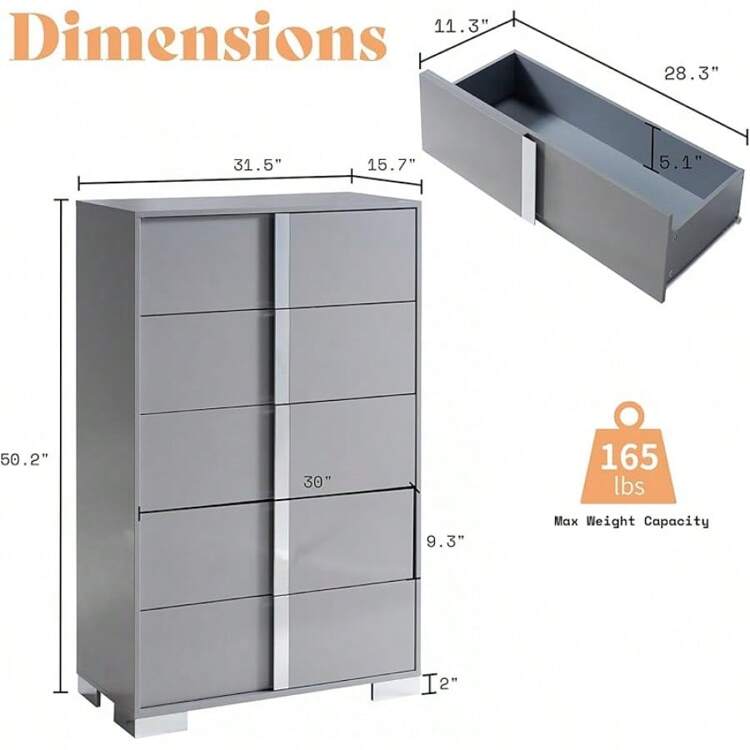 5-Drawer Dresser, Modern Glossy Chest Of Drawers, Spacious Storage Organizer Cabinet For Bedroom, Living Room Or Cloakroom, Grey - 灰色 - 查看 2