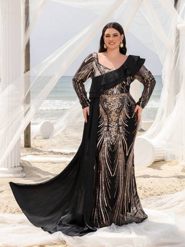 Faeriesty Elegancka suknia wieczorowa w dużym rozmiarze, zdobiona cekinami, z dużym okrągłym dekoltem, falbankami na długich rękawach, asymetrycznym trenem z boku i pochlebną sylwetką syreny, idealna na uroczyste kolacje, eleganckie wesela, imprezy na czerwonym dywanie, luksusowe gale i formalne ceremonie