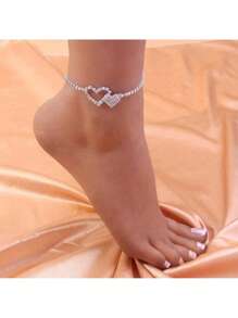 1pc Luxurious Elegant Crystal Heart Anklet - Silver - View 1