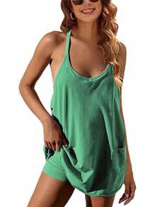 Women Athletic Mini Dresses Built-In Shorts Set Summer Sleeveless Sundress Hot Shot Mini Dress - 綠色 - 查看 1