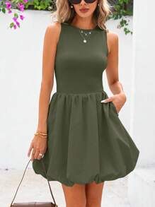 Women's Summer Dress Casual Sleeveless Vest Cute Mini Skirt Round Neck Bubble Skirt Pocket - xanh quân đội - Xem 1