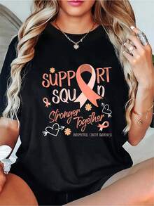 180g Printed Round Neck Short Sleeve T-Shirt Groovy Support Squad Peach Ribbon Uterine Endometrial Cancer T-Shirt - 黑色 - 查看 1