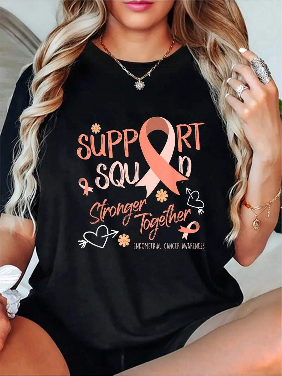 180g Printed Round Neck Short Sleeve T-Shirt Groovy Support Squad Peach Ribbon Uterine Endometrial Cancer T-Shirt - 黑色 - 查看 1