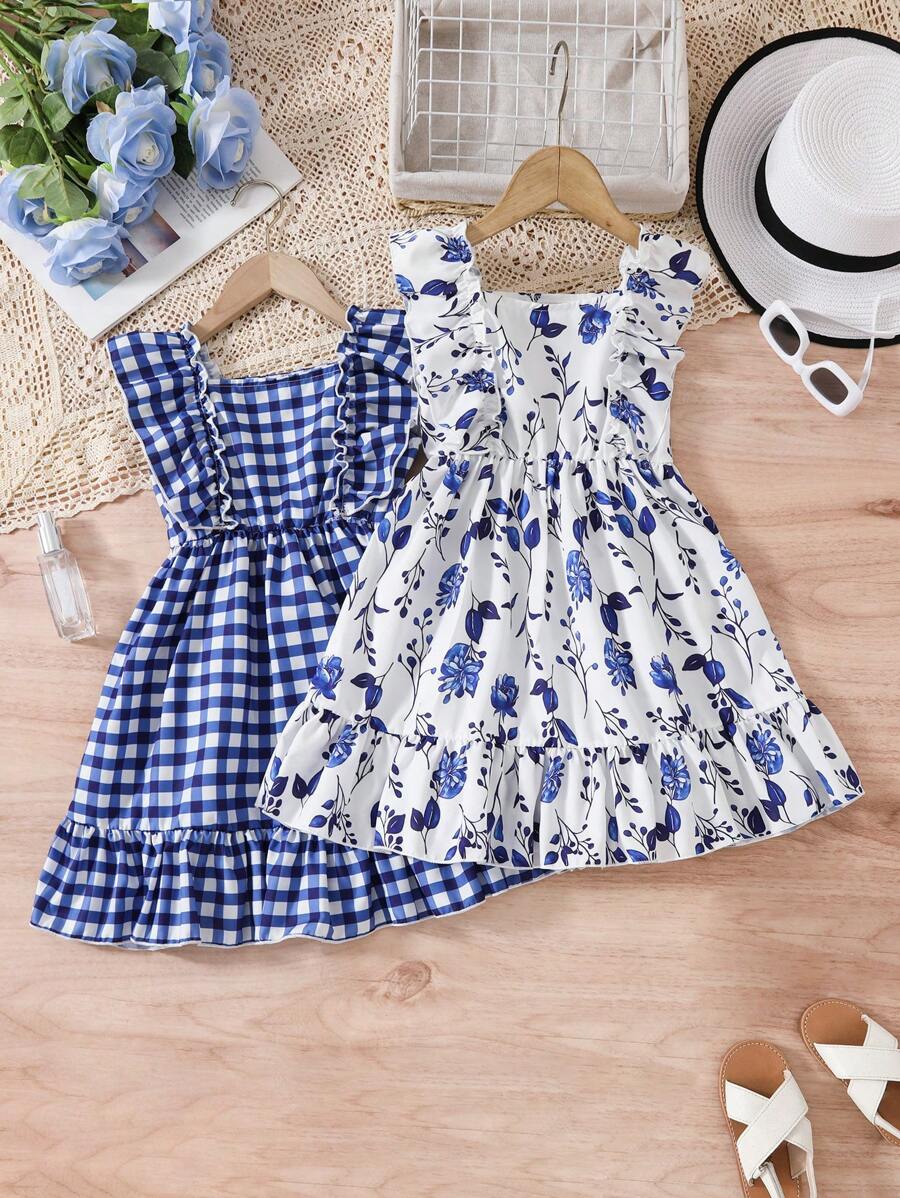 2 chiếc váy chữ A không tay in họa tiết hoa và lưới cho bé gái, thời trang thường ngày mặc ngày hè, mặc trong nhà và ngoài trời - Nhiều màu - Xem 1