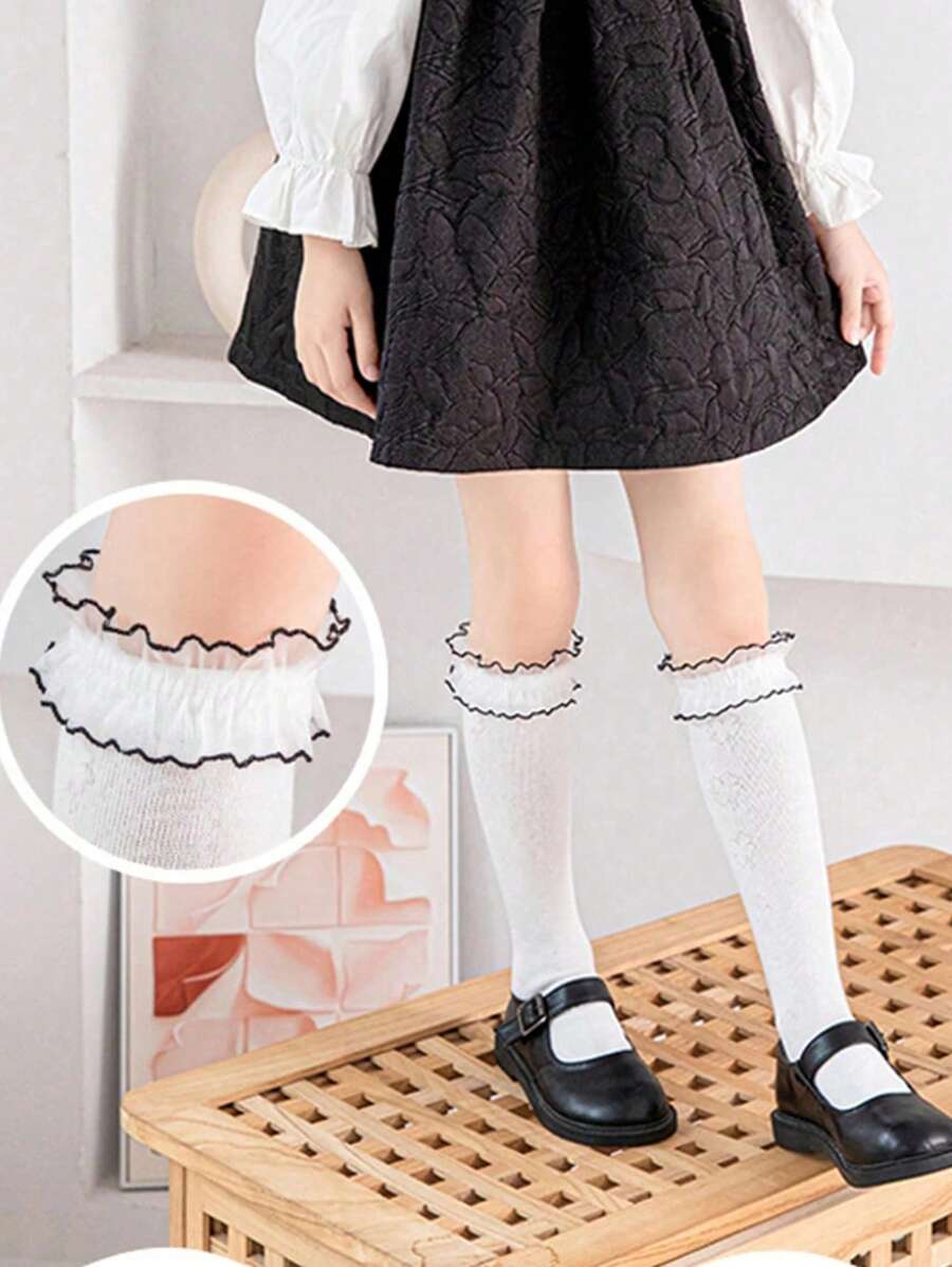 2 Pairs Girls Lace Frill Edge Knee High Socks, Korean Sweet JK Style Lolita Princess Long Socks, Suitable For Dresses And Mary Jane Shoes - Multicolor - View 1