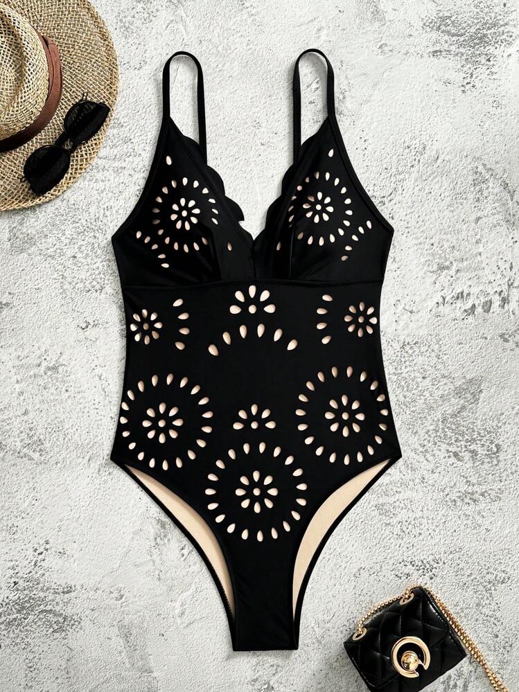 Traje de baño de mujer con almohadillas extraíbles, de tela de nailon, diseño de patrón hueco, tirantes de espagueti ajustables, sexy y elegante, adecuado para la playa, fiestas, uso de verano. Almohadillas extraíbles, ropa de verano para mujer - Negro - Añade 4