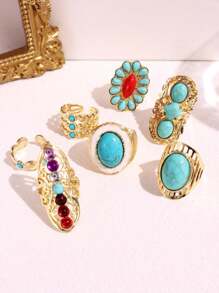 7 件套时尚复古绿松石金色戒指套装，女士珠宝配饰，日常佩戴 - 彩色 - 查看 4