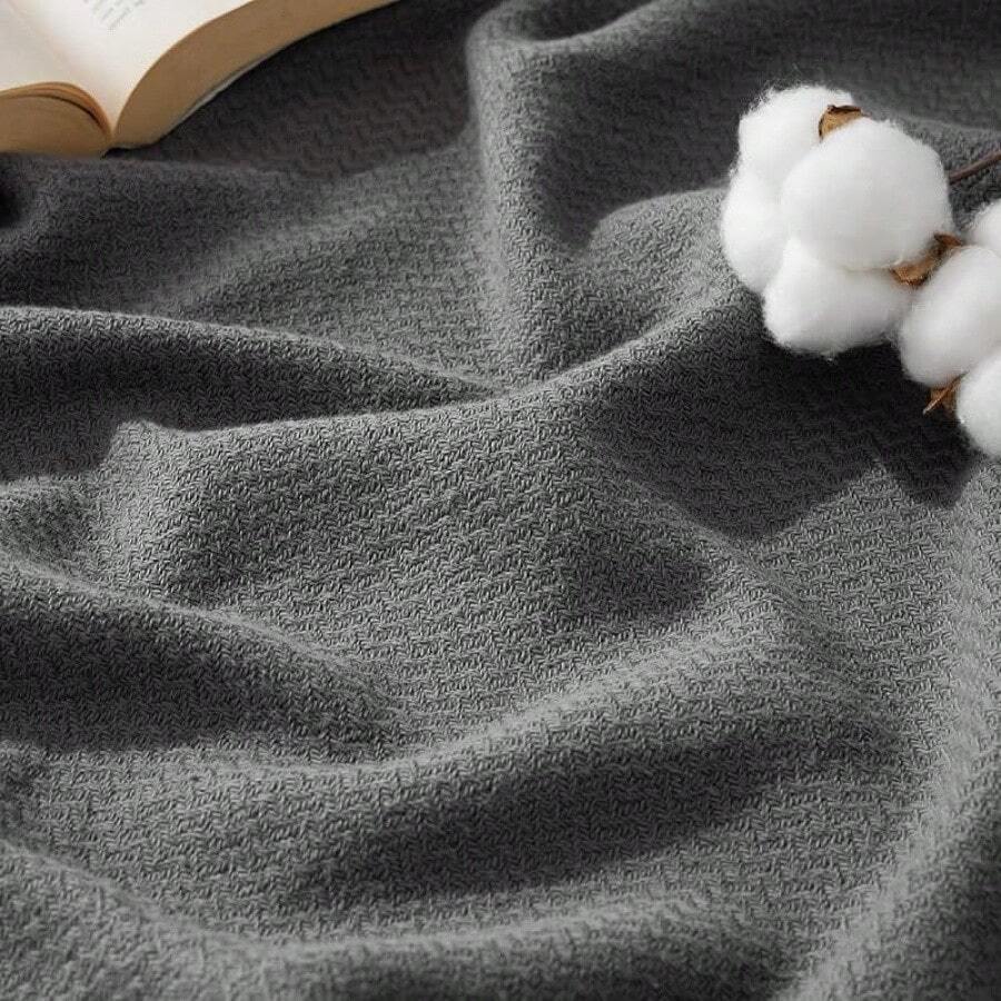 % Cotton Twin XL Size Bed Blanket - Breathable, Lightweight, Soft Cozy Herringbone Woven Summer Blanket College Dorm, White, 66x90 Inches - 00 - 深灰色 - 查看 1