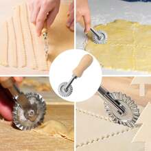 1pc Pastry Cutter (Wooden Handle), Italian Pasta Maker Roller, Pizza Cutter Wheel, Pie Crust Trimmer With Dumpling Crimper Wheel, Used For Baking, Crushing Dough, Pastry Roller, Suitable For Home And Kitchen, Kitchen Gadget