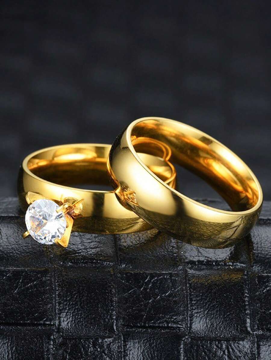 2 piezas Anillos de acero inoxidable brillante con incrustaciones de diamantes de imitación de lujo, anillos elegantes para pareja para boda, banquete y uso diario para mujeres - Anillos de boda - Ver 1