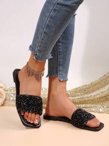 Pearl Rhinestone Embellished Women's Summer Slip-On Sandals, French Style Open Toe Flats, Plus Size 41-42-43, Luxe Beachouse Vacation Wear - Black - View 4