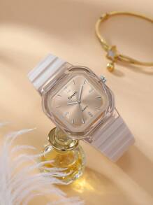 1 pieza Reloj de pulsera cuadrado minimalista casual y económico con correa de silicona para mujer, adecuado para uso diario - Beis - Ver 3
