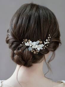 1 件金属花朵和叶子装饰手工白色和雪纺花朵发梳，适合春季婚礼、日常外出等场合 - 金色 - 查看 2