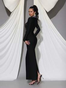 Modphy New Black Sexy Pleated Heavy Pearl Decorated Long Sleeve Fitted Long Tube Dress Wedding Party Evening Gown - Black - View 5