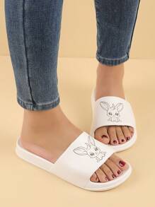 Damen Mode Kunststoff Hausschuhe, weiche, bequeme, rutschfeste, niedliche, cartoon-weiße, flache Badezimmer Dusch-Sandalen für den Sommer