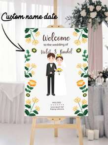 1pc Custom Personalized Wedding Poster, Personalized Outdoor Cartoon Cute Characters Wedding Welcome Plate, Elegant Custom Wedding Welcome Plate, Personalized Celebration Logo, Custom Name Date Location Poster, Can Be Used As Birthday Gifts, Anniversary Gifts, Commercial Signs, Scene Layout, Beautifully Decorated, Stylish And Simple, Modern Custom, Personalized, Unique Ideal Gift - Multicolor - View 1