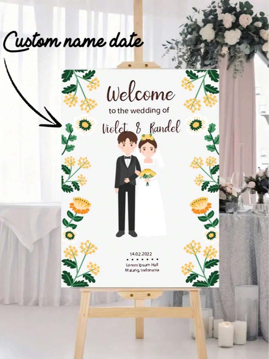1pc Custom Personalized Wedding Poster, Personalized Outdoor Cartoon Cute Characters Wedding Welcome Plate, Elegant Custom Wedding Welcome Plate, Personalized Celebration Logo, Custom Name Date Location Poster, Can Be Used As Birthday Gifts, Anniversary Gifts, Commercial Signs, Scene Layout, Beautifully Decorated, Stylish And Simple, Modern Custom, Personalized, Unique Ideal Gift - Multicolor - View 1