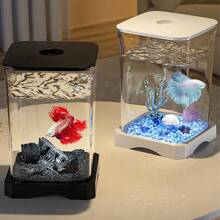 Fish Tank,Betta Fish Tank,Aquarium Starter Kit,Mini Desktop Rectangular Fish Tank With Top Feeding Hole & Built-In Bottom Light Tabletop Decoration For Betta Fish