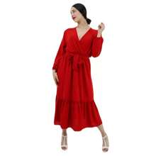 Long Plain Dress With Long Sleeve Ruffle Design V Neck Crossover With Drawstring Waist Bow Or Belt For Perfect Definition For Women Lady Sexy Fashion, Elegant Dresses