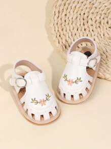 1 Pair Infant Girls Embroidered PU Hook And Loop Cute Flat Sandals, 0-1 Years Old Toddler Pre-Walker Shoes, Suitable For Summer - White - View 4