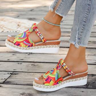 Graffiti-sandaler för kvinnor - Canvas Slip On High Heel-plattformsmulor - vävda detaljer, lämplig för stranden