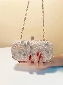 1pc Elegant Romantic Solid Color Pearl Beaded, Crystal Rhinestone Inlaid Hard Box Evening Bag, For Party, Wedding, Gathering