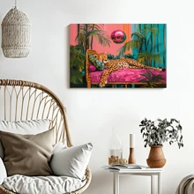 1pc Framed Canvas Poster, Cheetah Sleeping Under A Disco Ball Pink Wall Art Canvas Paintings, Ideal Gift For Bedroom Living Room Corridor, Wall Art, Room Decoration - Multicolor - View 3