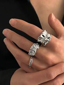 3pcs/Set Fashion Casual Minimalist Liquid Metal Ring Set, Men's Punk Charm Jewelry, Adjustable Couple Rings - 2pcs - View 1