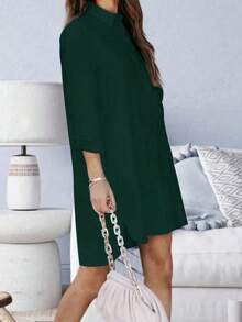 女士纯色单排扣休闲宽松前短后长下摆口袋百搭衬衫裙 春季 - 綠色 - 查看 3