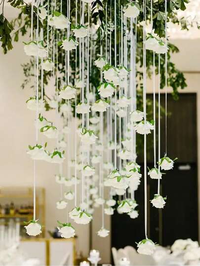 20 Pieces Each Wedding Decoration Hanging White Roses, Rose Waterfall Set With 10 White Roses + 10 Rolls Of 500cm Ribbon For DIY Wedding Decorations, Bridal Showers, Wedding Bouquets, Table Decorations, And Ceiling Decorations, Bridal Gift Party Birthday Supplies