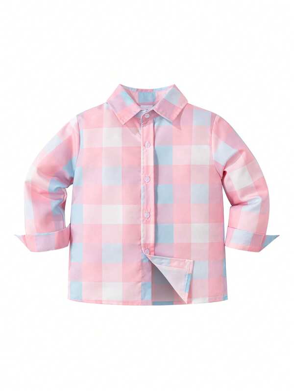 Camisa de vestir de manga larga a cuadros rosas elegante y versátil para niño, adecuado para fiestas, actuaciones, ocasiones formales y uso diario