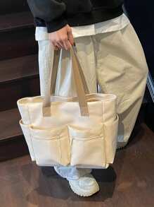 Nueva bolsa de mano de gran capacidad para ir a la escuela, versátil bolso de hombro tipo tote para estudiantes universitarios - Beis - Ver 2
