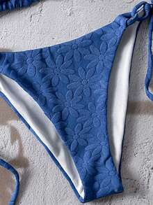 女士夏季沙滩纹理比基尼套装吊带三角文胸上衣和侧系带比基尼下装两件套泳衣