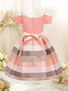 EHOMKIDS Young Girls Party Dress, Children Striped Open Shoulder Strap Party Dress, Princess Mini Skirt - Pink - View 4