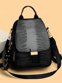 Mochila de estilo de moda con estampado de cocodrilo negro para mujer - Bolso de viaje y compras multipropósito con cremallera dorada, correa ajustable y remaches decorativos