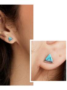 1 Pair Turquoise Triangle Stud Earrings, S925 Sterling Silver Platinum Plated Fashion Luxury Ear Studs, Unisex - Silver - View 6