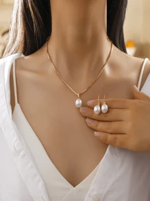 3-Piece Set Simple Pearl Necklace And Earring Jewelry Set, Suitable For Women's Daily, Festival And Party Wear